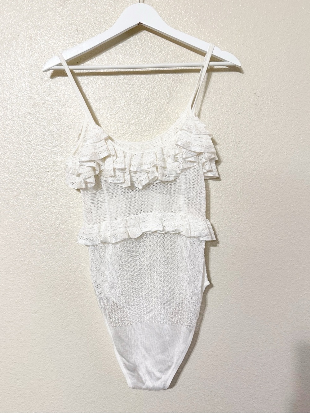Ulla Johnson Bania Knit Bodysuit in Pearled Ivory Ruffle Pointelle Drop Needle - Picture 9 of 12